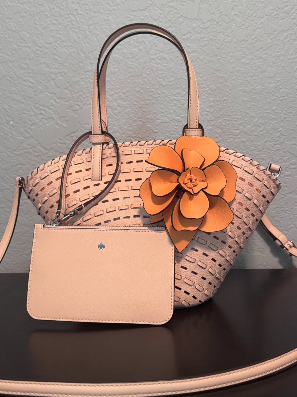 Kate Spade Dahlia Tote Bag Cutout Leather Floral Charm - Crisp Peach Crossbody